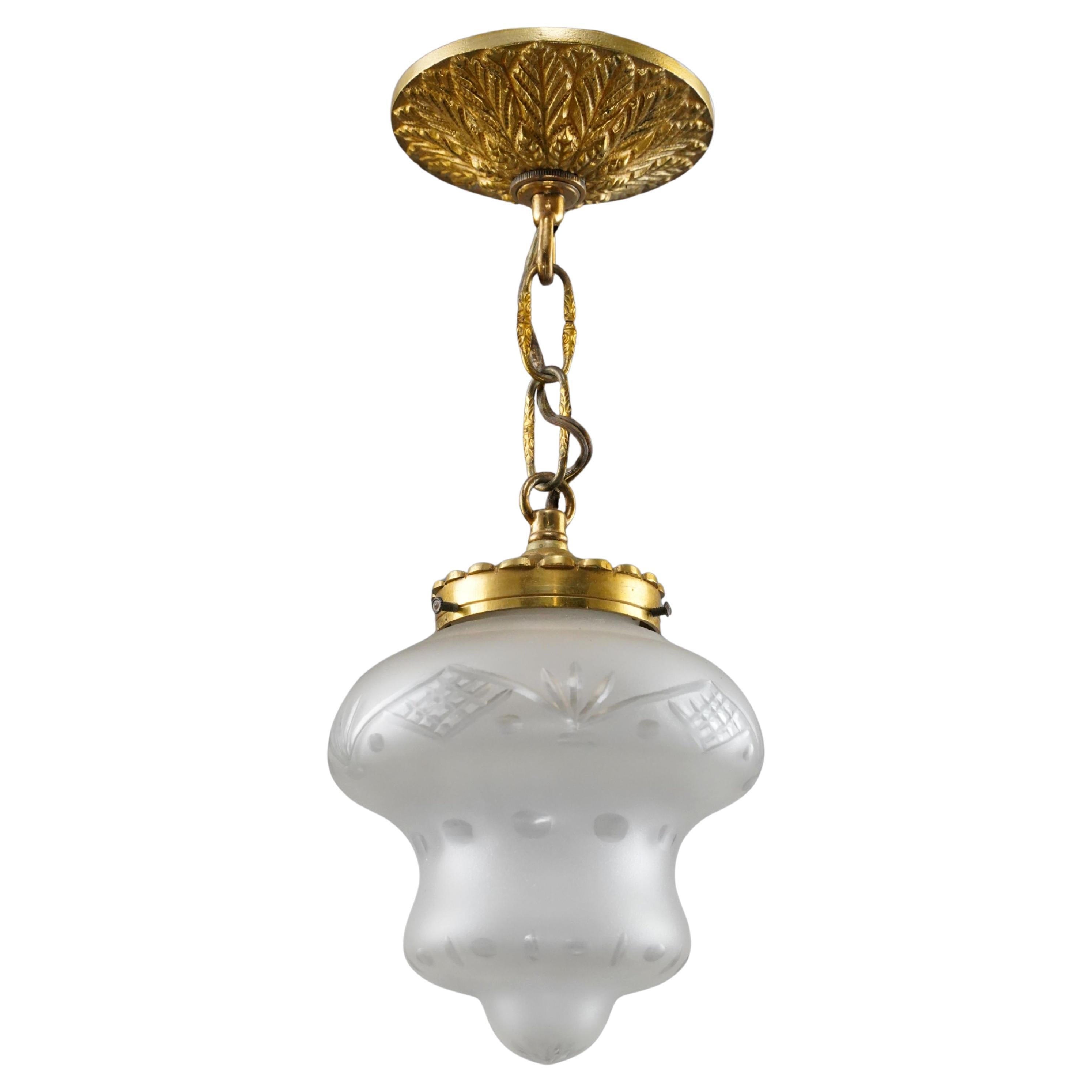 French Brass & Etched Glass Globe Pendant Light