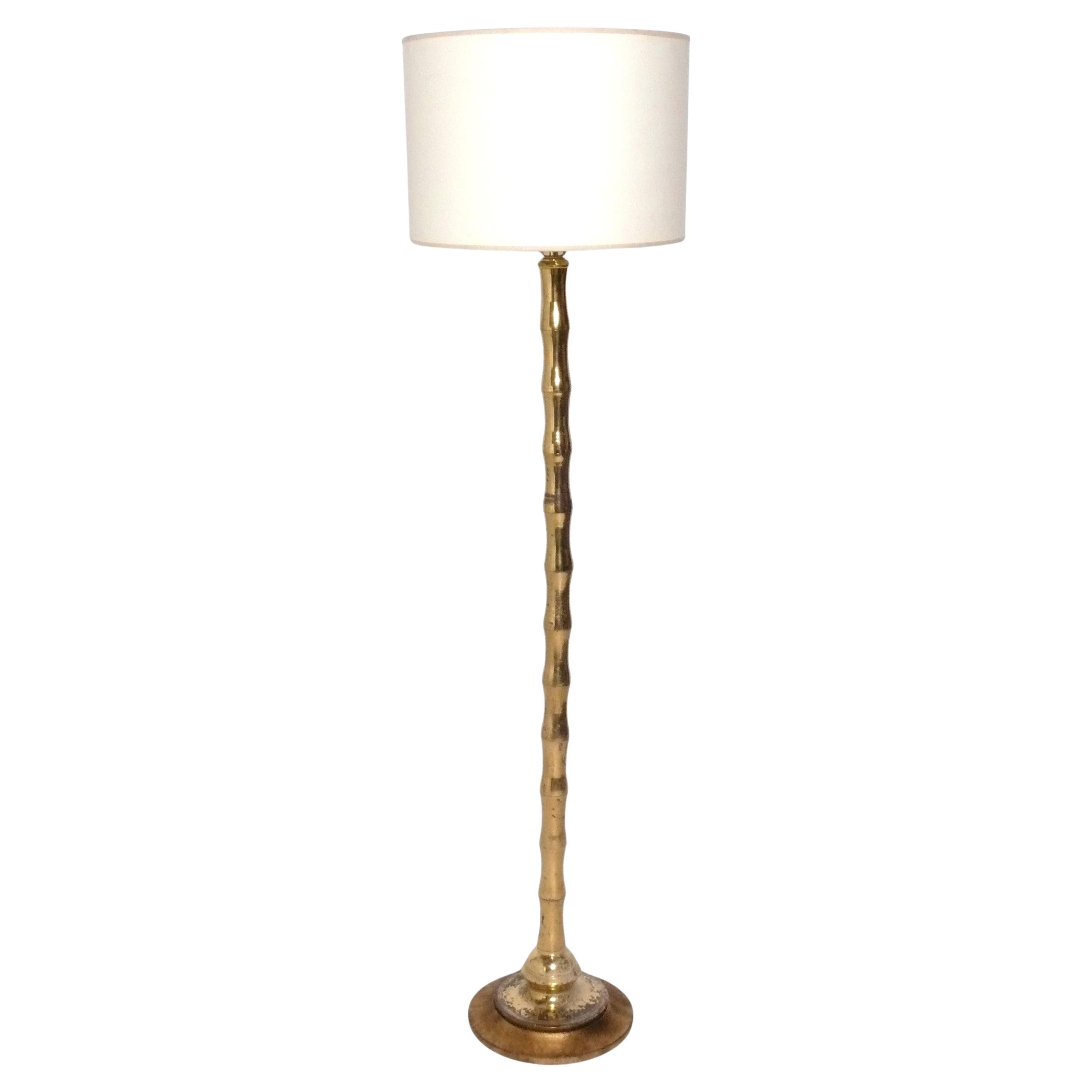 French Brass Faux Bamboo Floor Lamp with Gilt Wood Base Maison Bagues Style