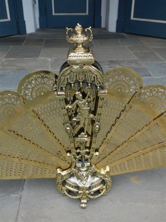 French Brass Figural Pierced & Chased Folding Fan Fire Place Screen, Circa 1820