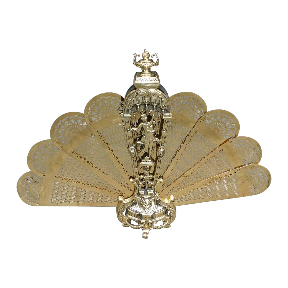 French Brass Figural Pierced & Chased Folding Fan Fire Place Screen, Circa 1820