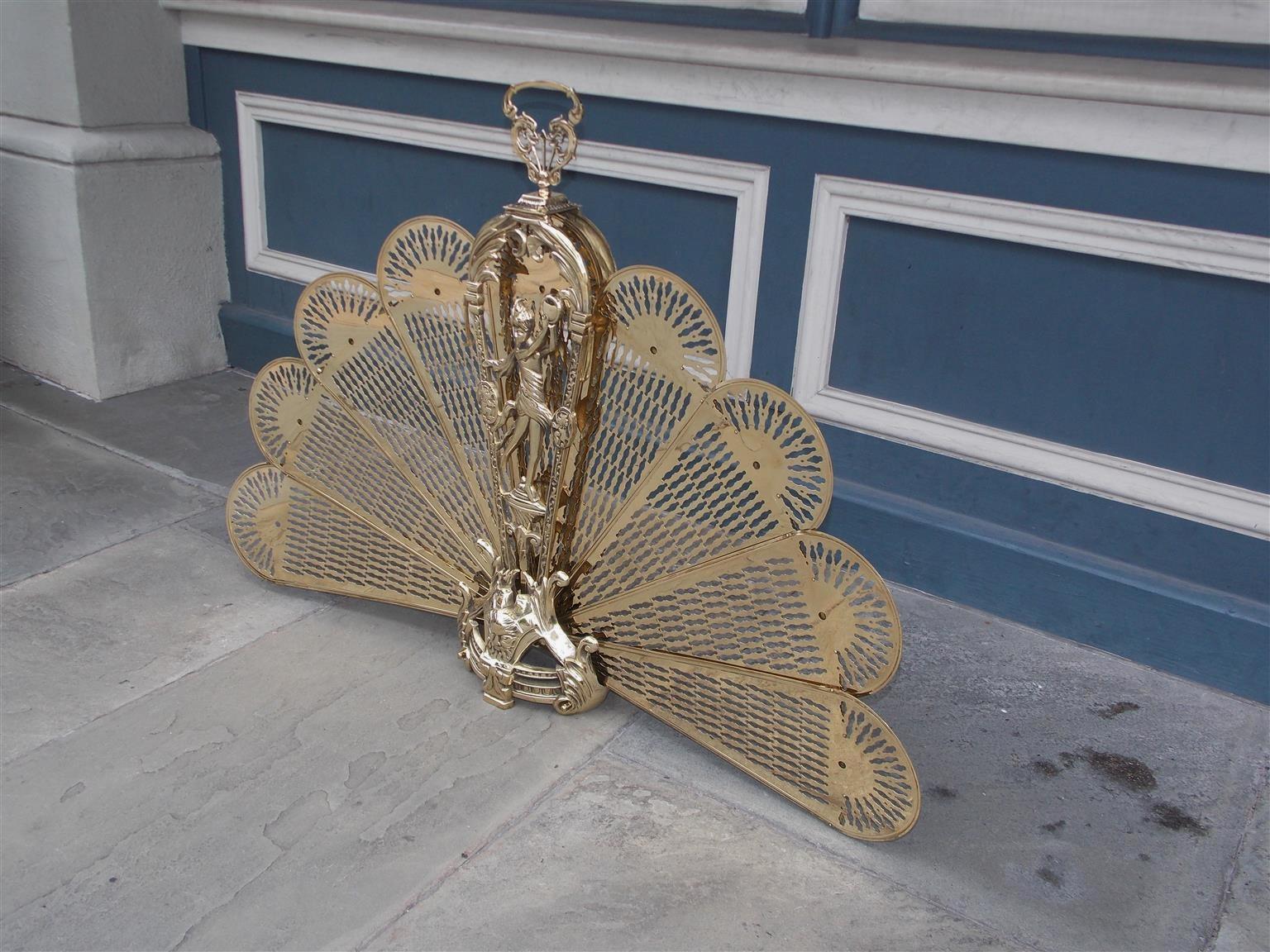 Hammered French Brass Figural Pierced Folding Fan Fire Place Screen, Circa 1820