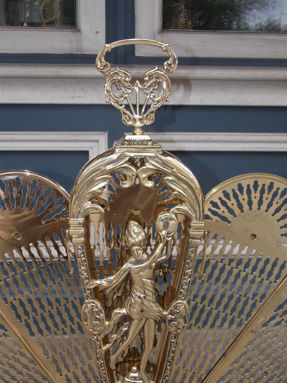 Early 19th Century French Brass Figural Pierced Folding Fan Fire Place Screen, Circa 1820