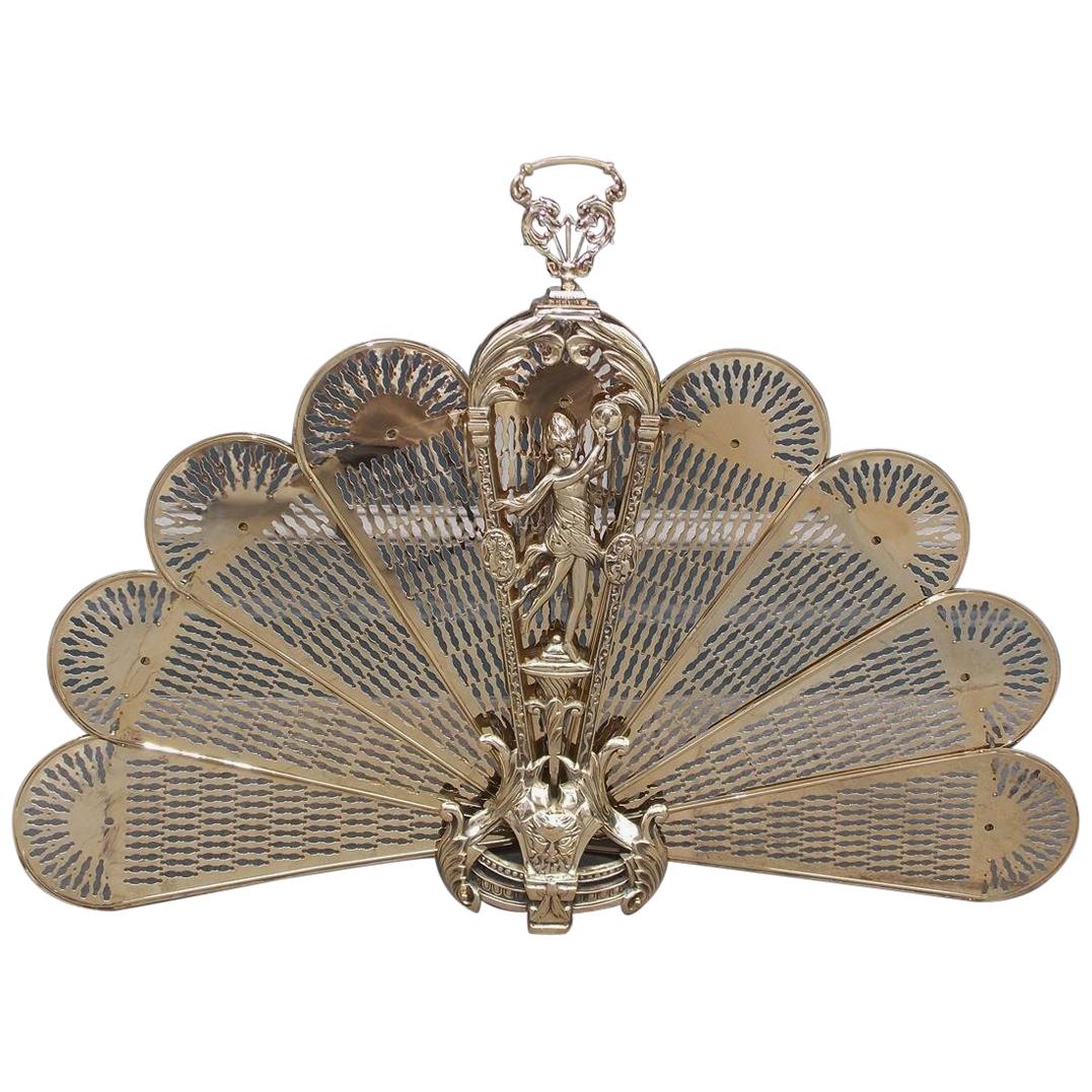 French Brass Figural Pierced Folding Fan Fire Place Screen, Circa 1820