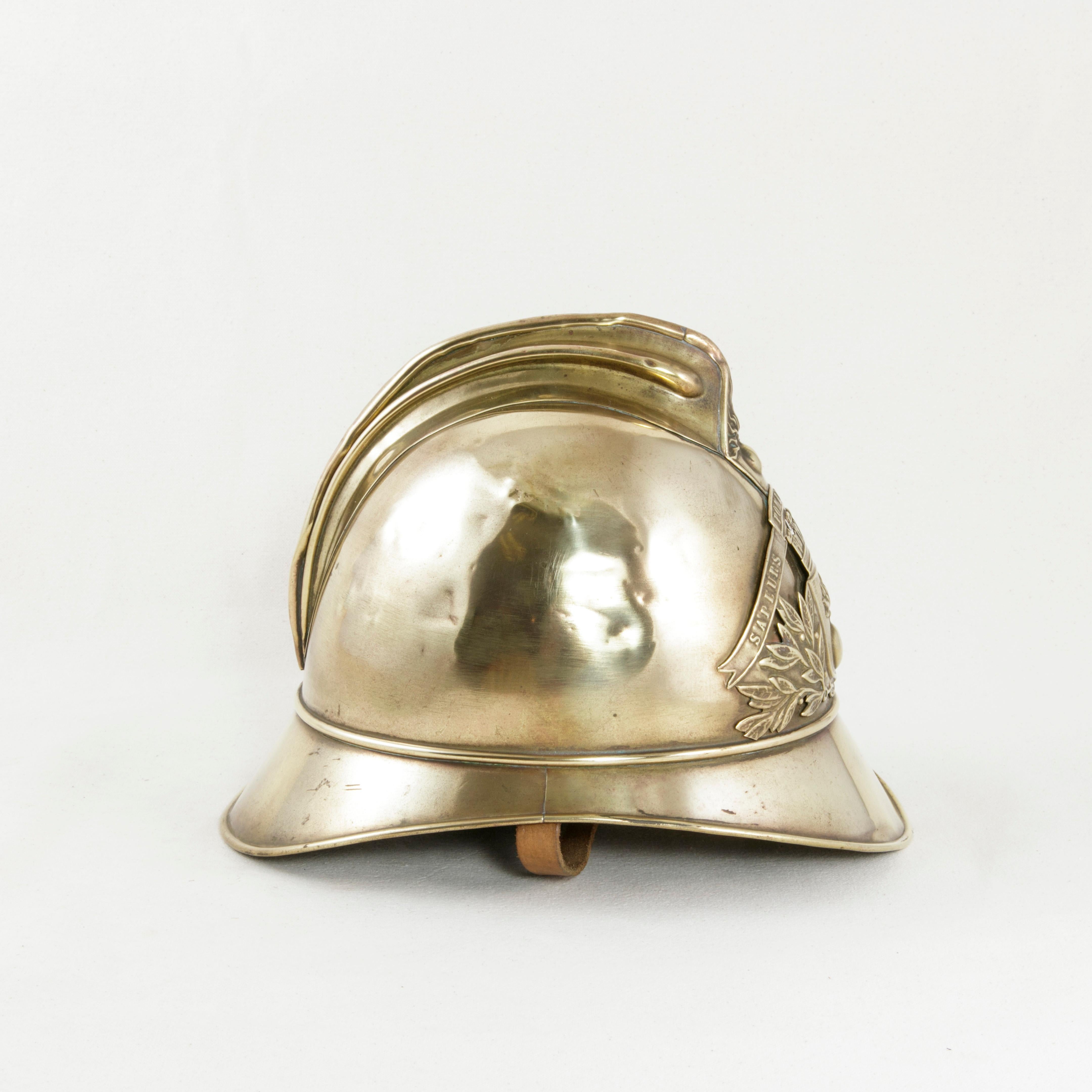 French Brass Fireman's Helmet with City Seal and Leather Interior, circa 1900 1