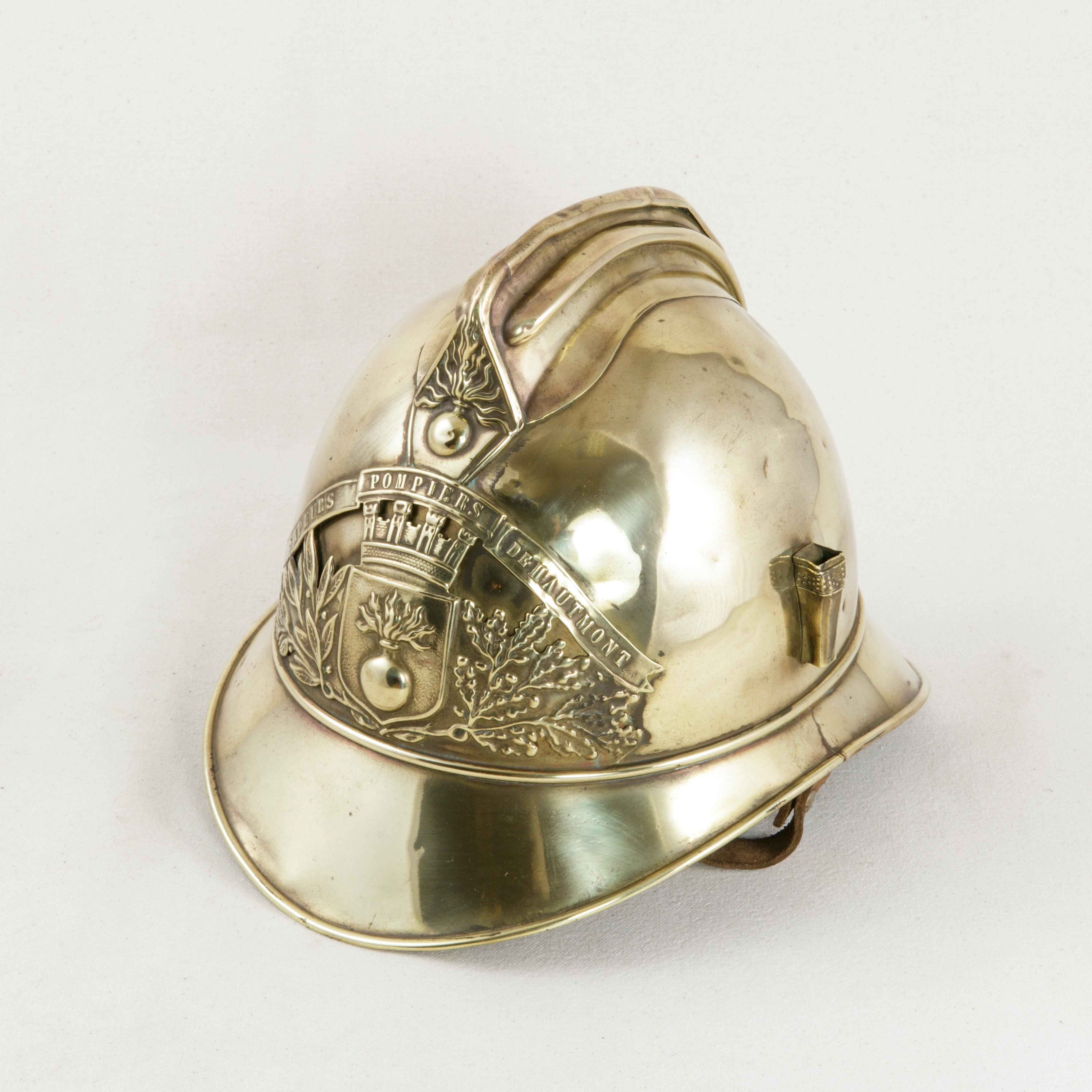 French Brass Fireman's Helmet with City Seal and Leather Interior, circa 1900 2