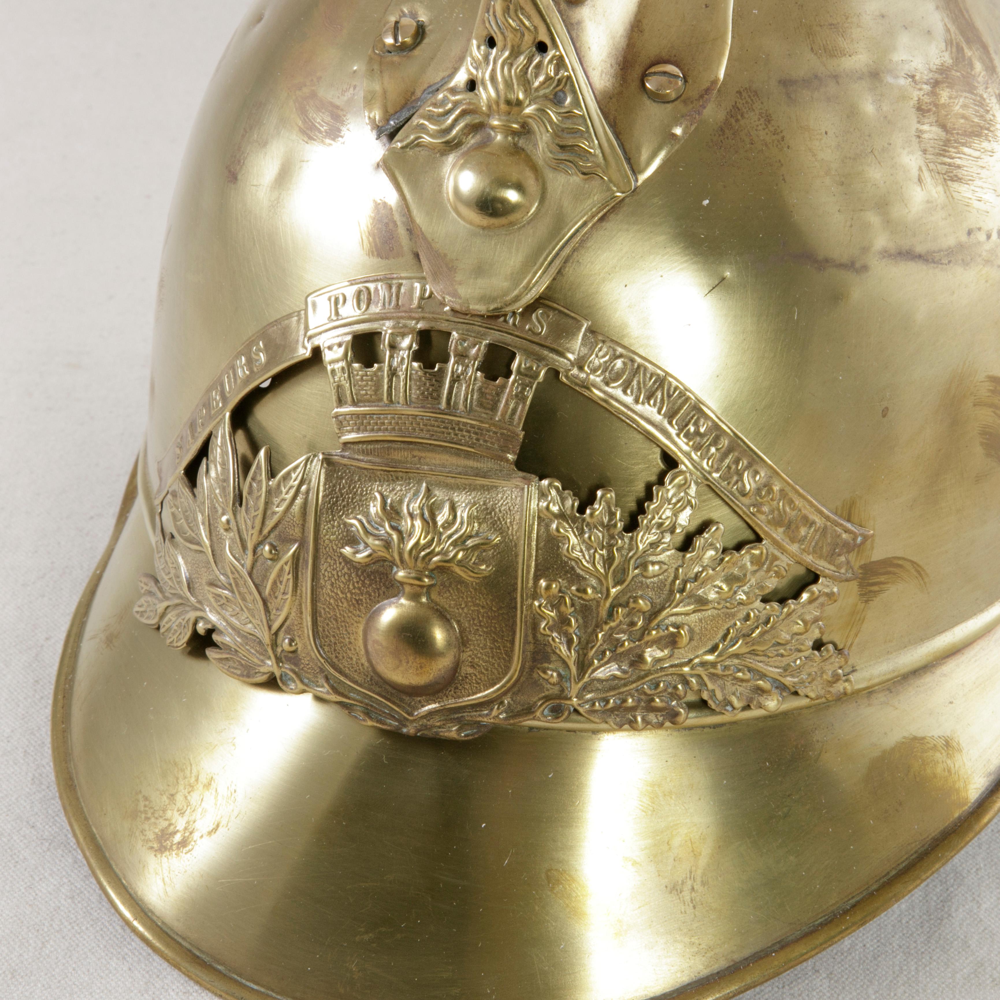 French Brass Fireman's Helmet with City Seal, circa 1900 In Good Condition In Fayetteville, AR