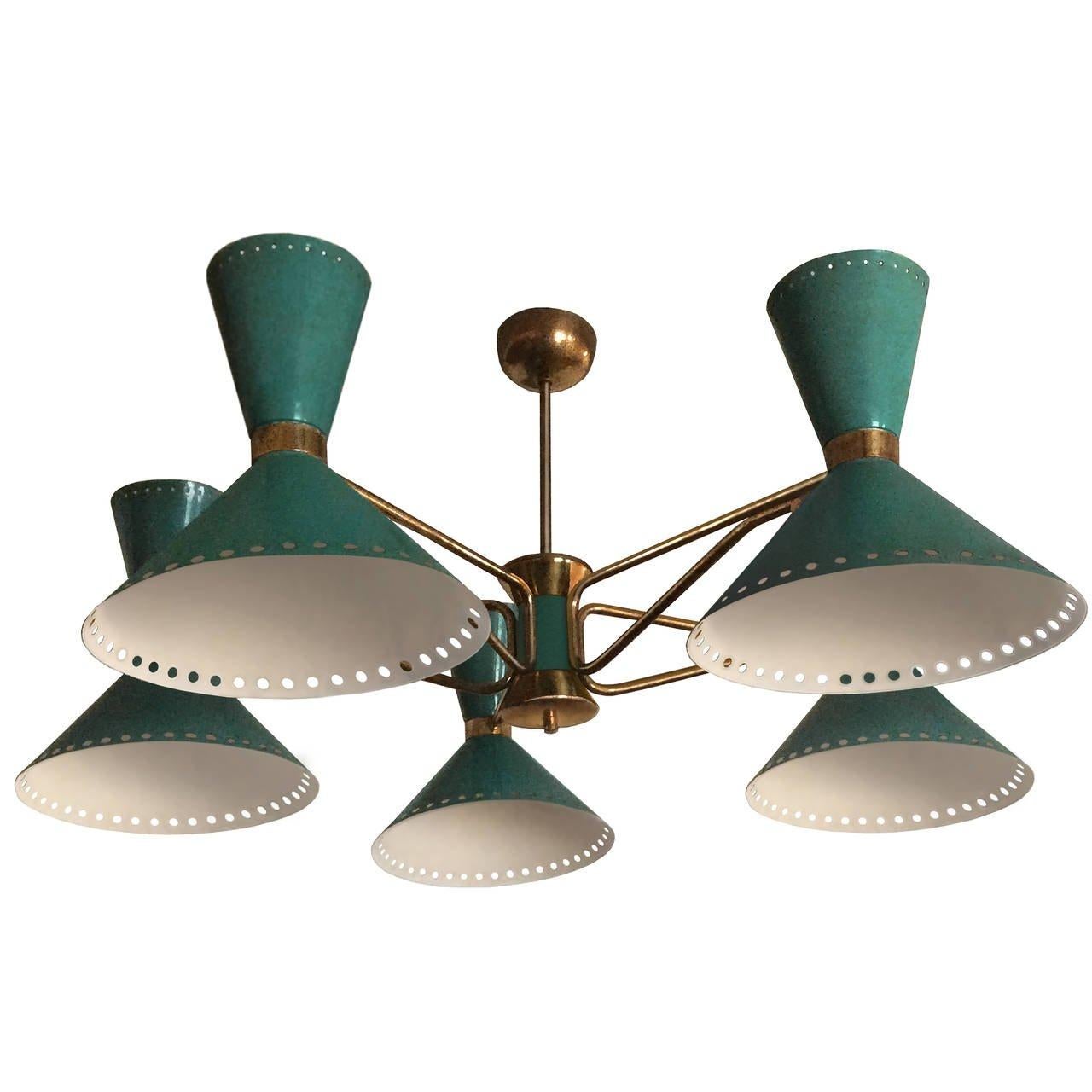 A brass five-arm chandelier with green enameled shades with perforated hole detail.

French, Circa 1950's