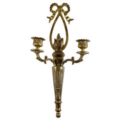 French Brass Flame & Bow Candle Wall Sconce