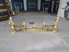 French Brass Flanking Flame Urn Finial Foliage & Swag Fireplace Chenet, C. 1790