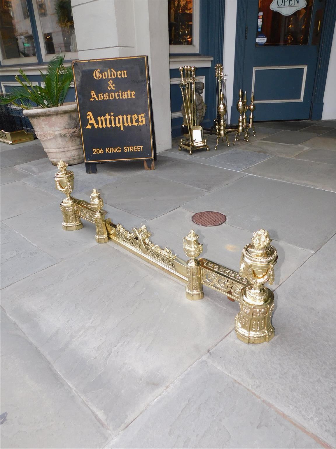 French Brass Flanking Flame Urn Finial Foliage & Swag Fireplace Chenet, C. 1790 In Excellent Condition For Sale In Charleston, SC