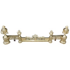French Brass Flanking Flame Urn Finial Foliage & Swag Fireplace Chenet, C. 1790