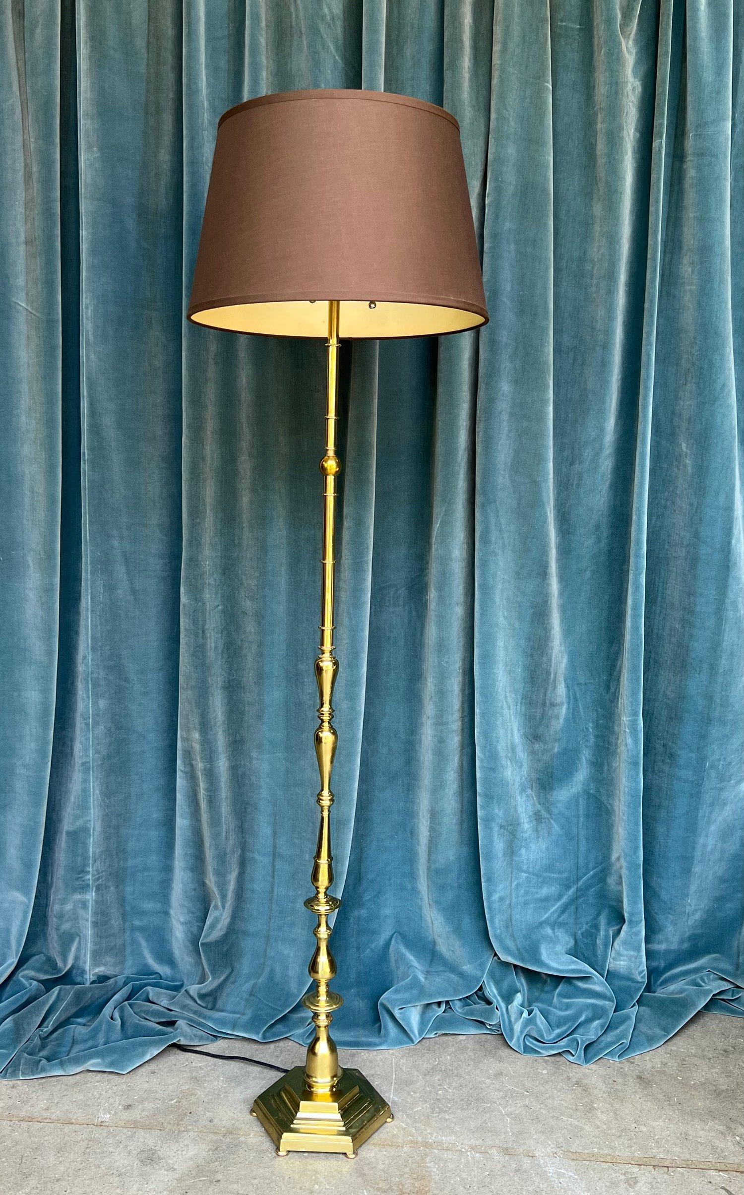 Turned French Brass Floor Lamp with Hexagonal Base