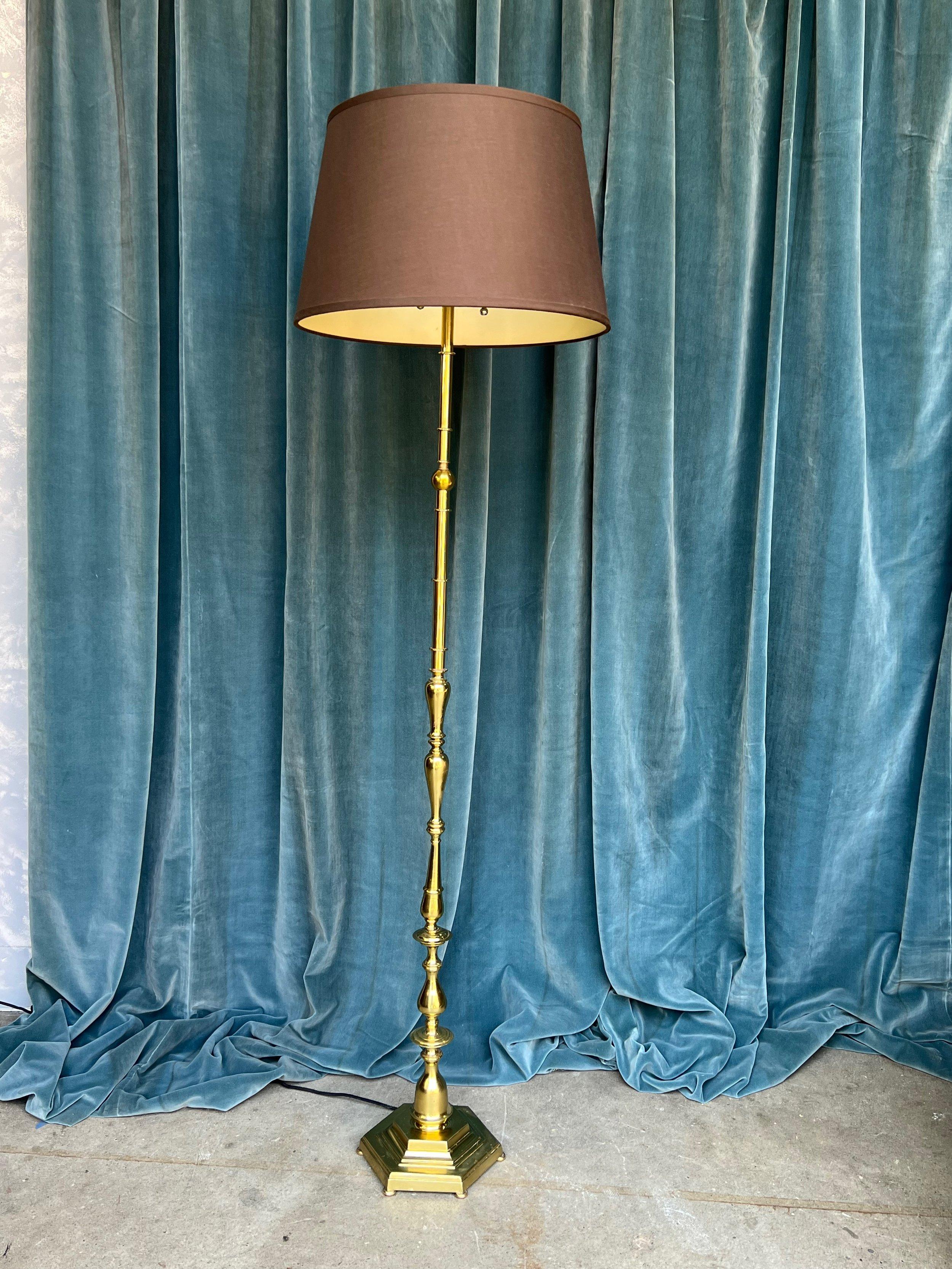 French Brass Floor Lamp with Hexagonal Base 1