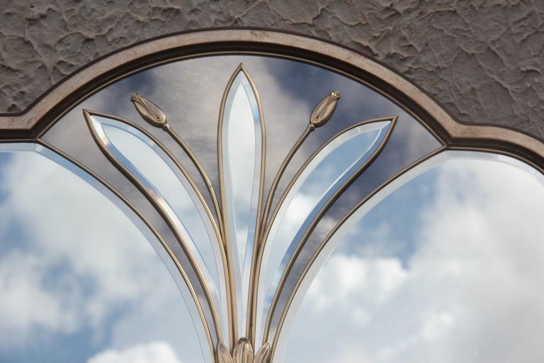 French Brass Flower Wall Mirror, Rectangular Silver Gold For Sale at