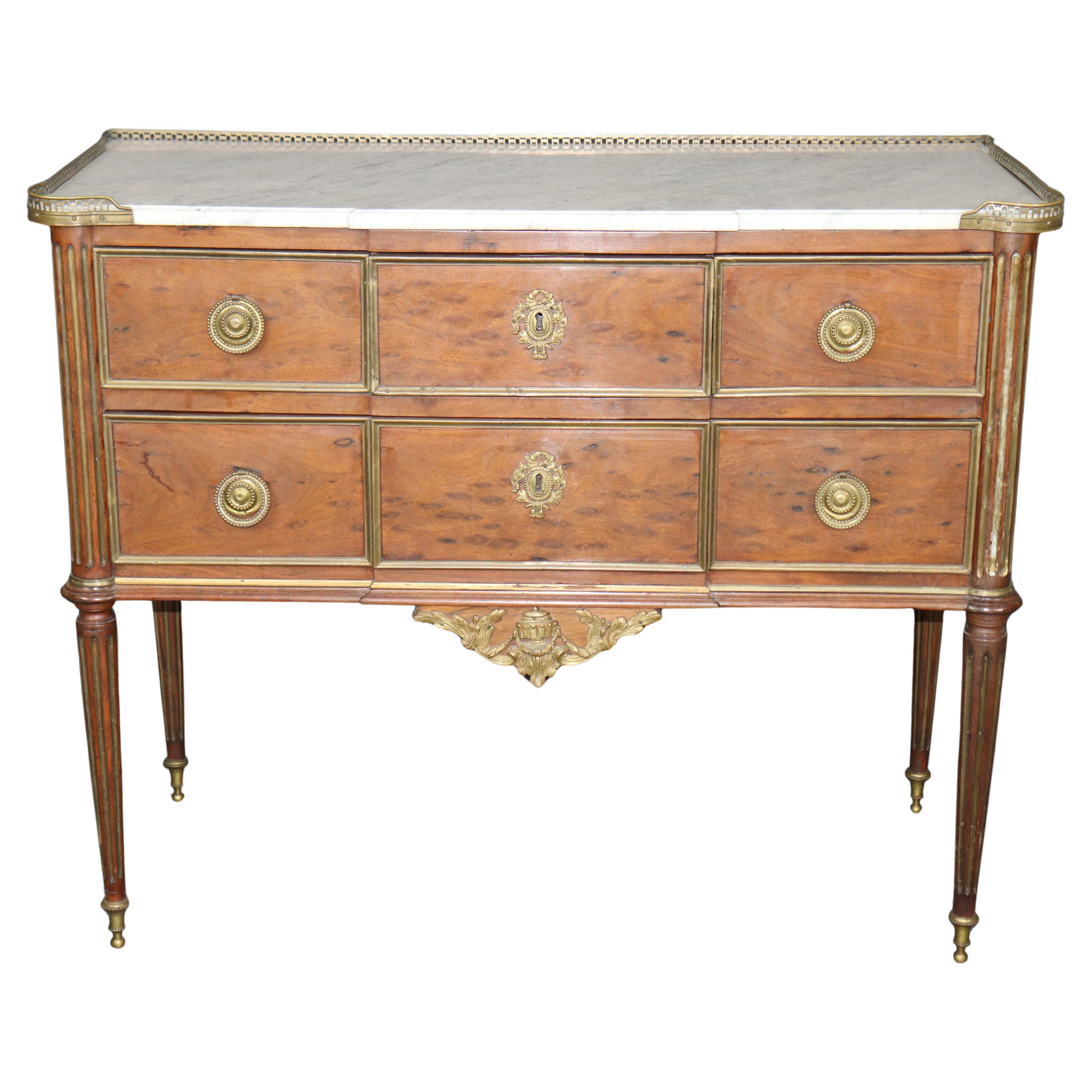 French Brass Fluted Leg Marble Top Two Drawer Acajou Mahogany Louis XVI Commode