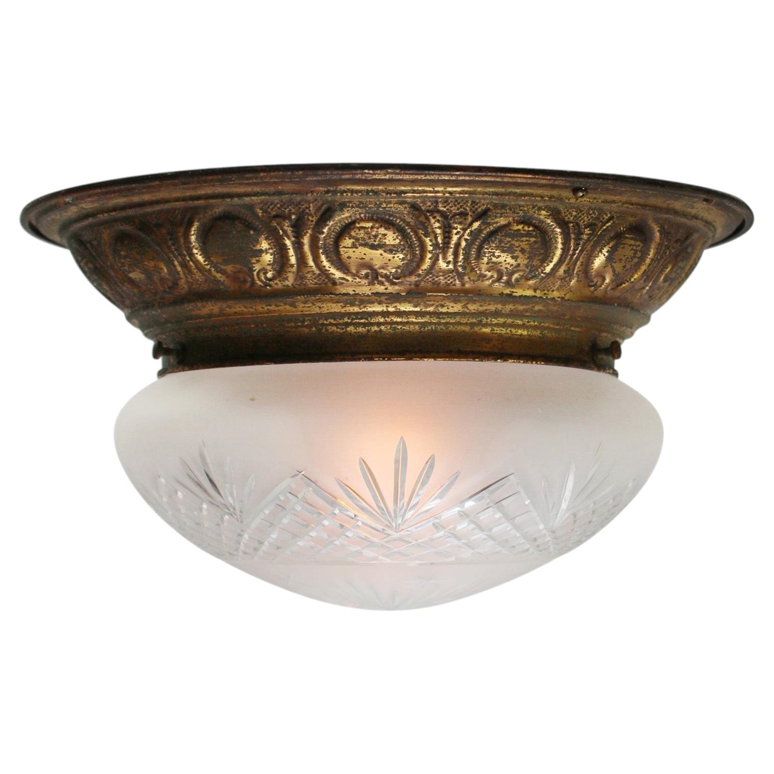 French Brass frosted and clear, cut glass globe flush mount