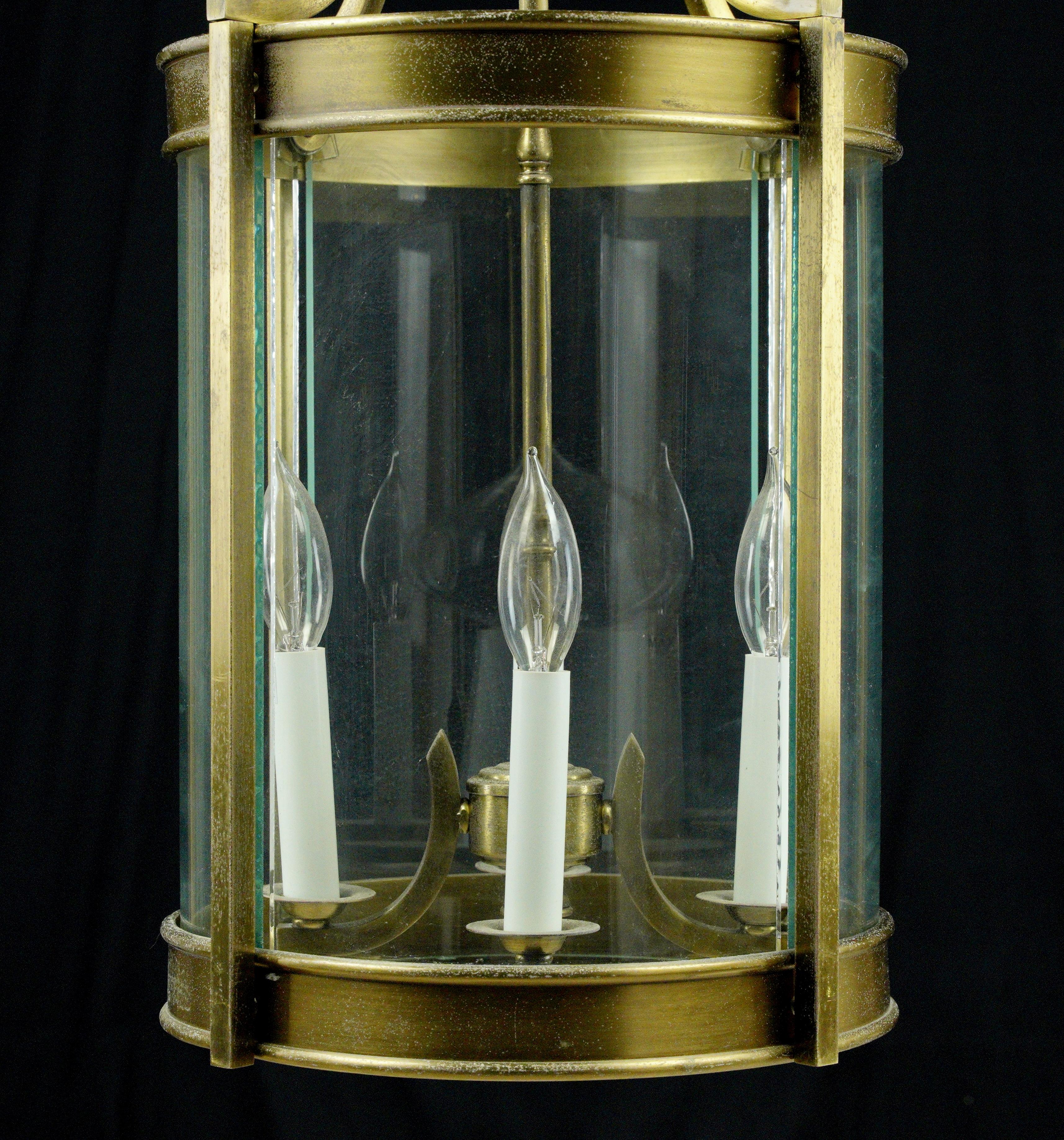 French Brass & Glass 4 Light Round Lantern Pendant Light In Good Condition For Sale In New York, NY