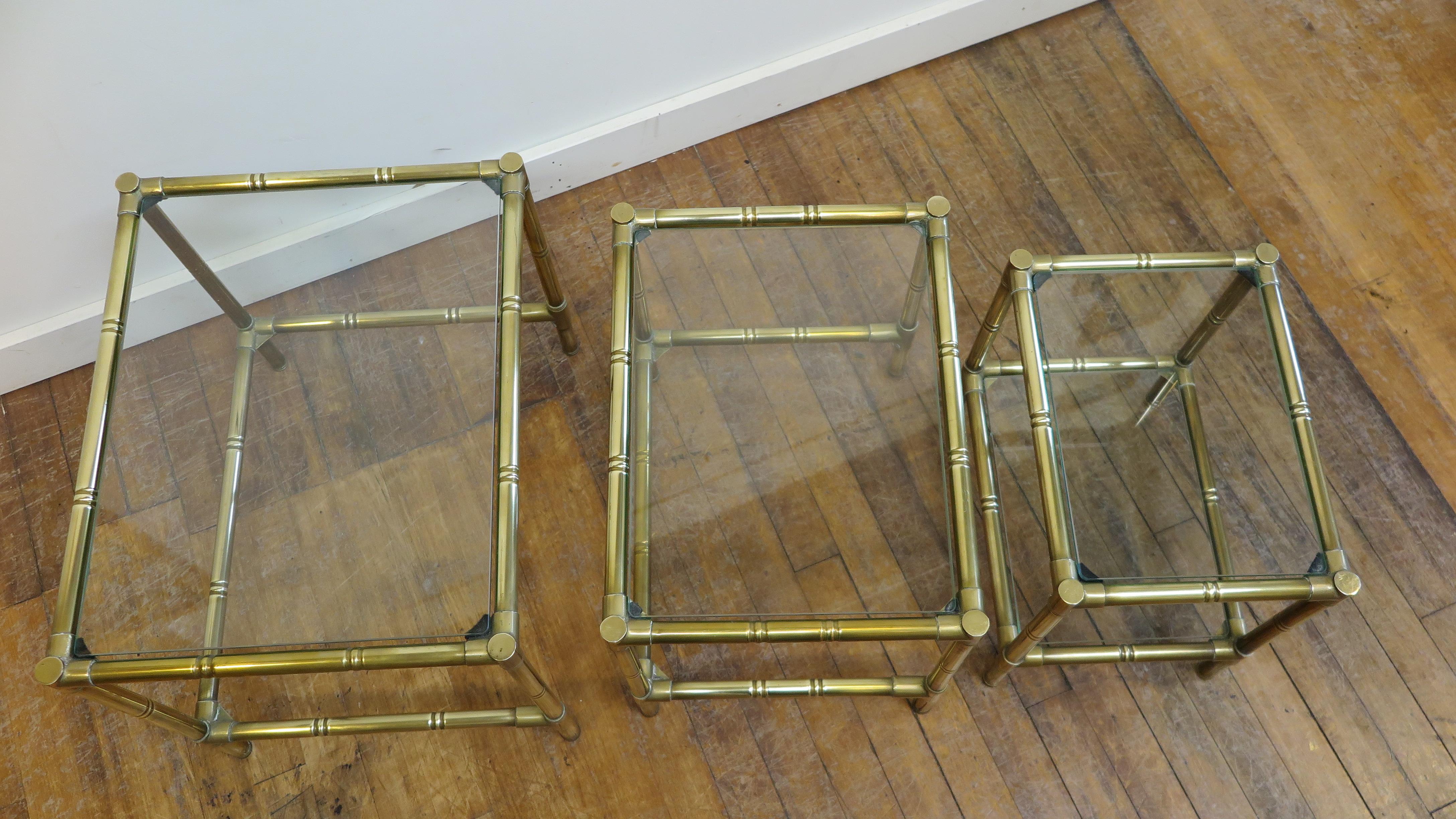 Mid-Century Modern French Brass and Glass Nesting Tables For Sale