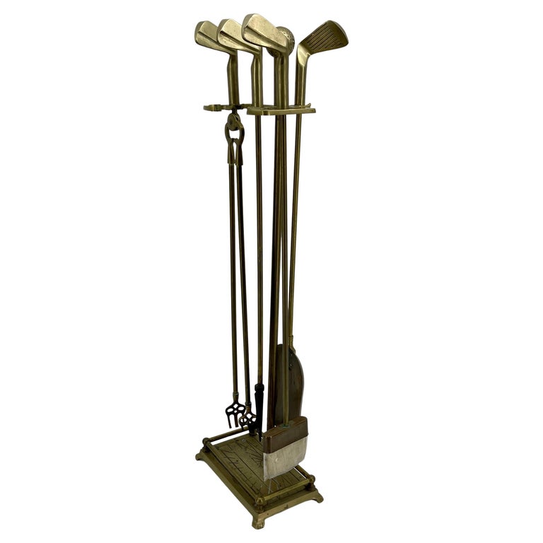 French Brass Golf Club Fireplace Tools, Set of Four Pieces For Sale at