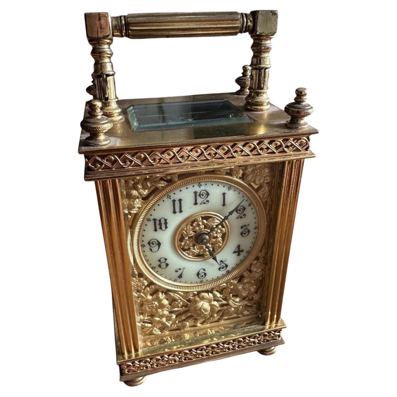 French Brass Gorge Cased Carriage Clock with Bevelled Glass Panels, Late 19th C For Sale