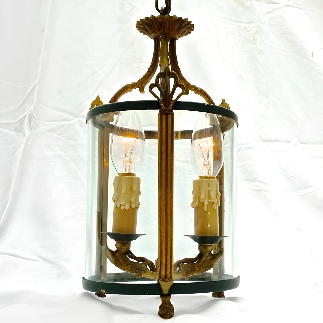 French Brass Green Round Glazed Two Light Lantern Mid Century In Good Condition For Sale In London, GB