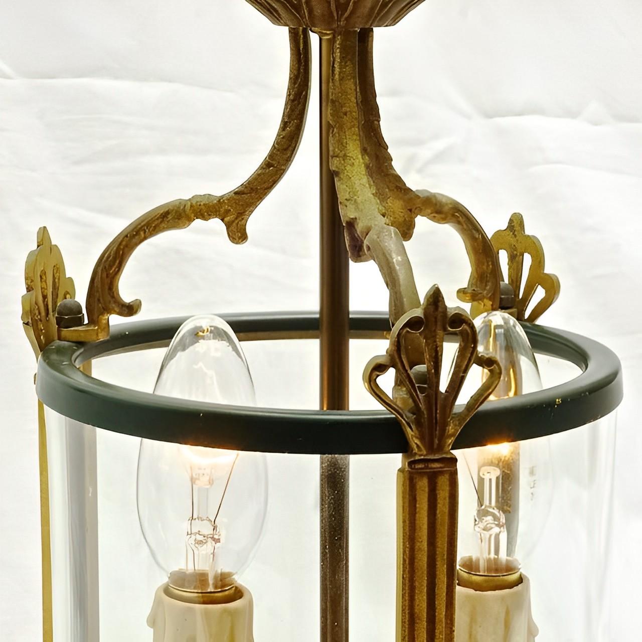 20th Century French Brass Green Round Glazed Two Light Lantern Mid Century For Sale