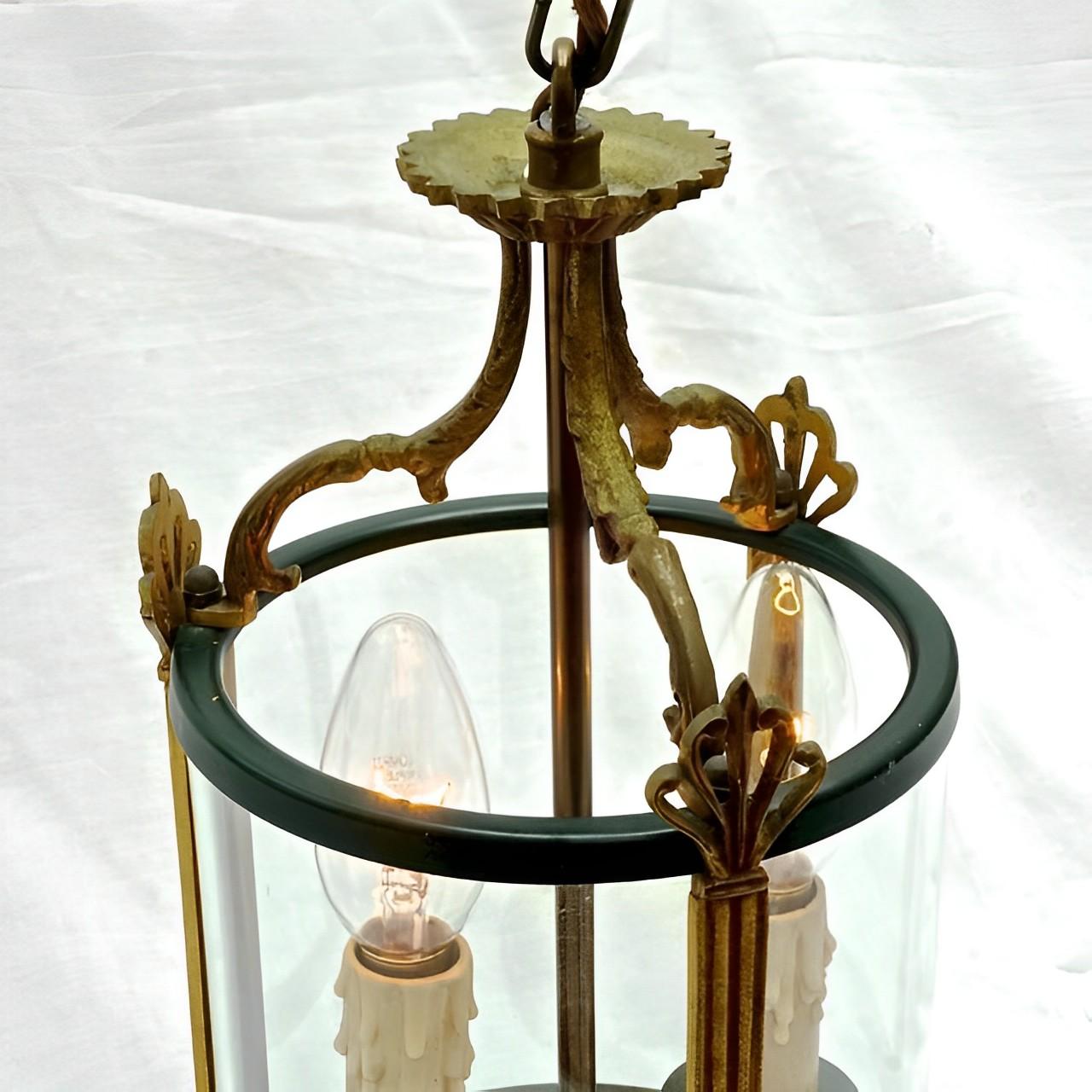French Brass Green Round Glazed Two Light Lantern Mid Century For Sale 1