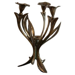 Antique French Brass Handmade Art Nouveau Flower Candle Holder
