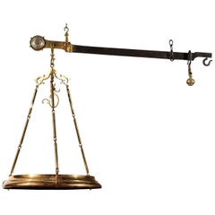 French Brass Hanging Butcher's Scale with Circular Tray from the 19th Century