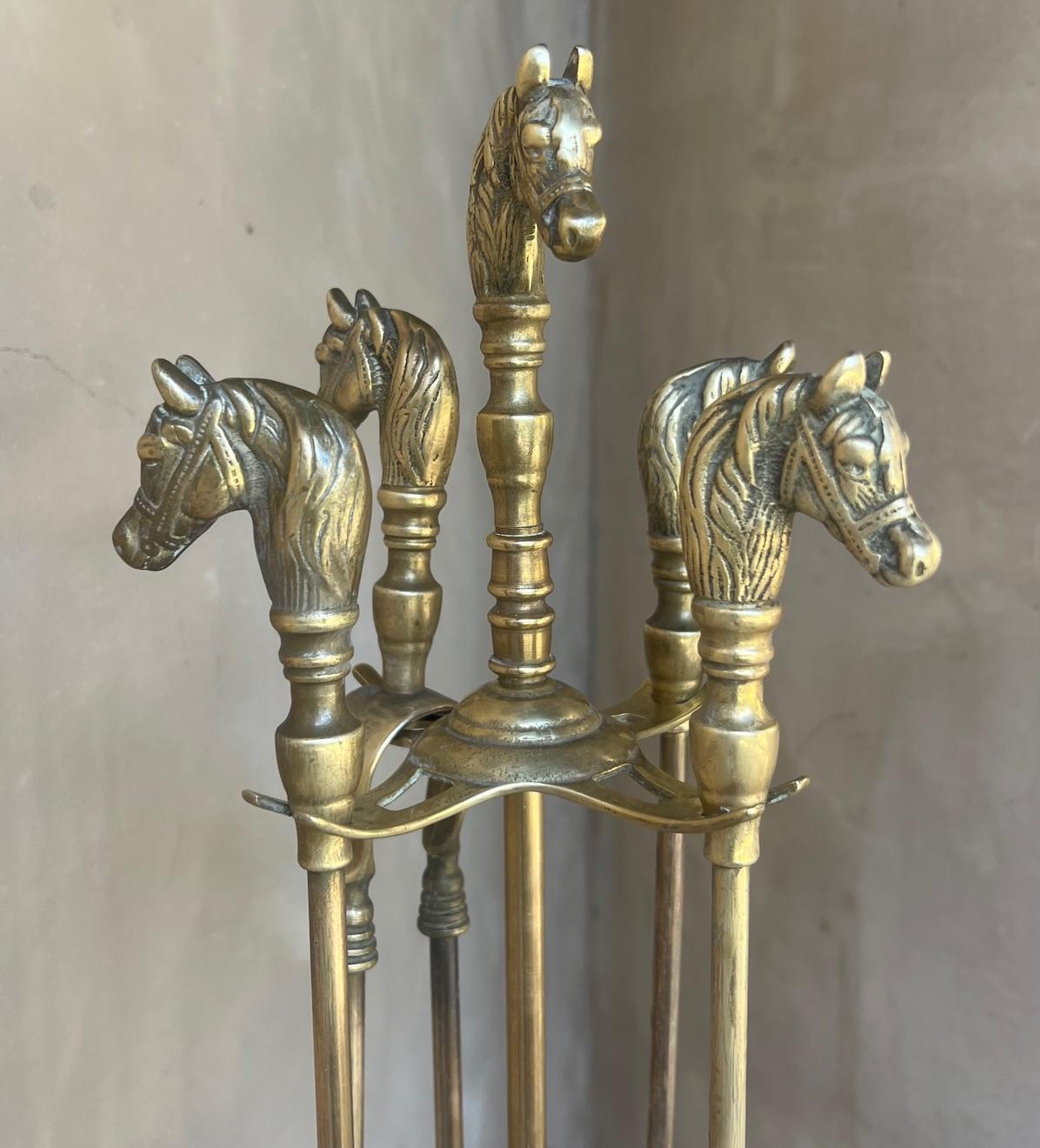 French Brass Horse Head Fireplace Tool Set, C. 1950's For Sale 4