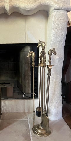French Brass Horse Head Fireplace Tool Set, C. 1950's