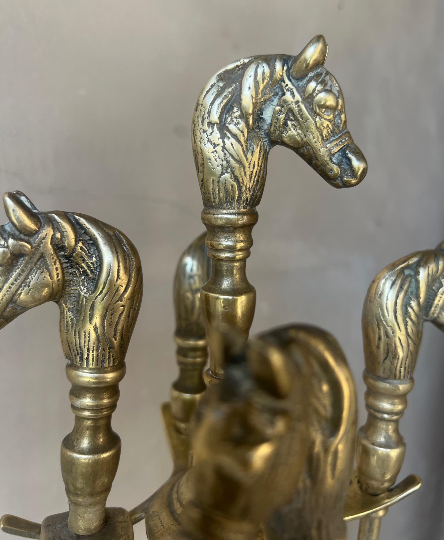 Cast French Brass Horse Head Fireplace Tool Set, C. 1950's For Sale