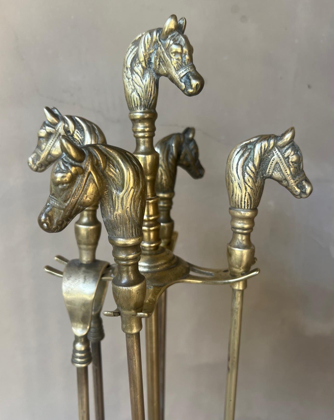 French Brass Horse Head Fireplace Tool Set, C. 1950's In Good Condition For Sale In Ross, CA