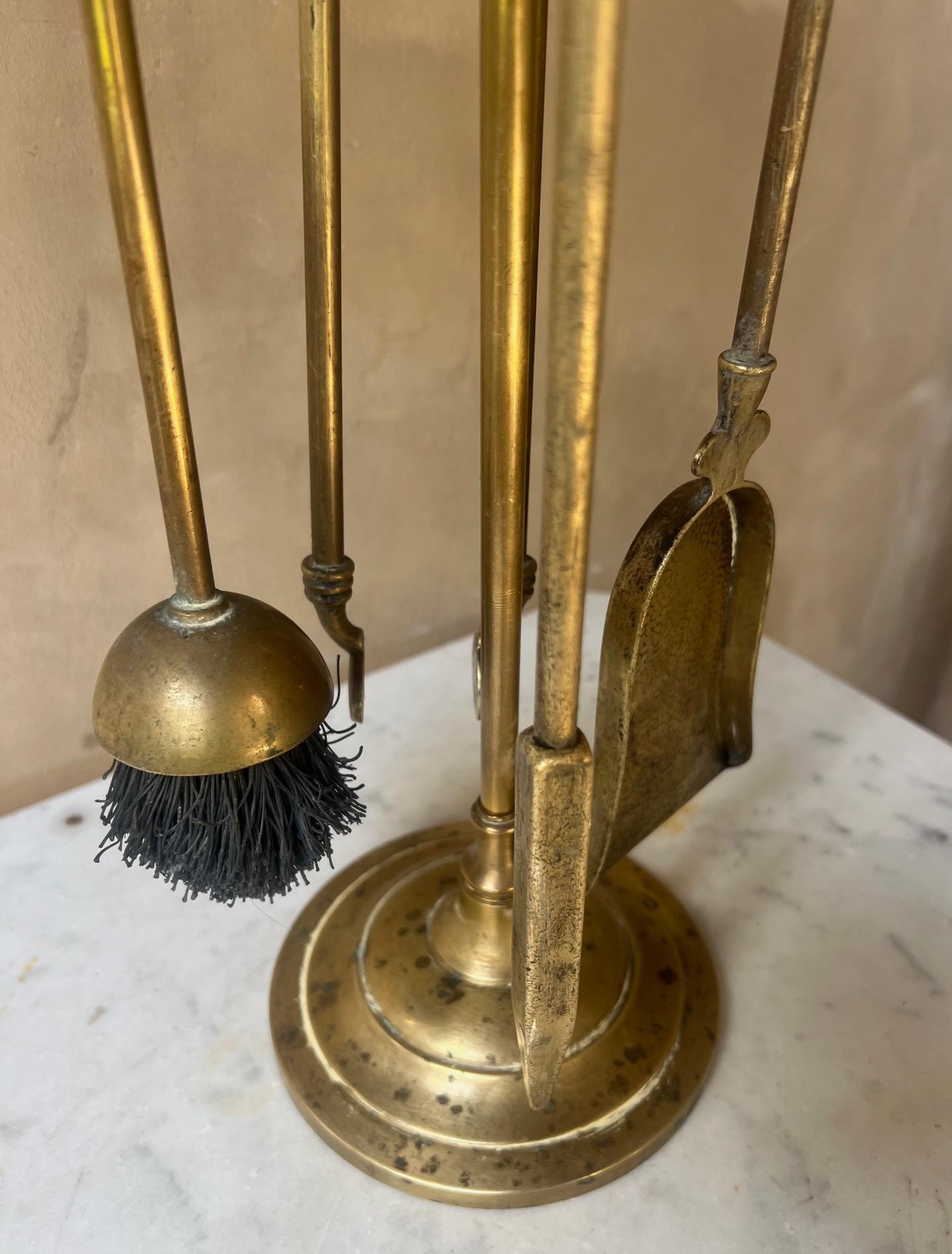 Mid-20th Century French Brass Horse Head Fireplace Tool Set, C. 1950's For Sale