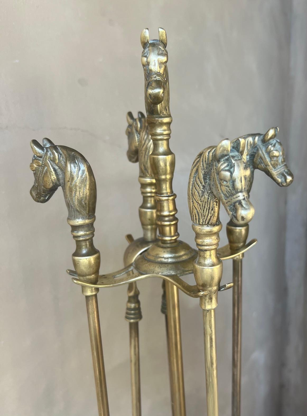 French Brass Horse Head Fireplace Tool Set, C. 1950's For Sale 1