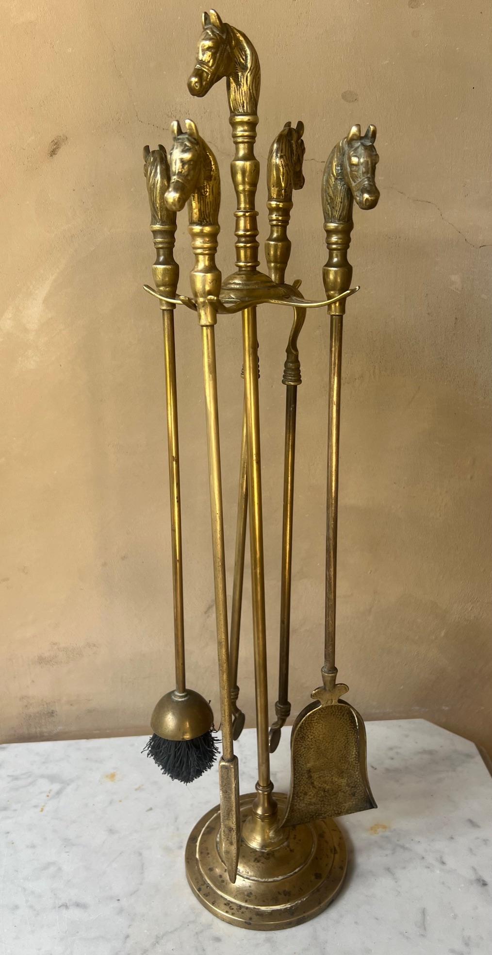 French Brass Horse Head Fireplace Tool Set, C. 1950's For Sale 2