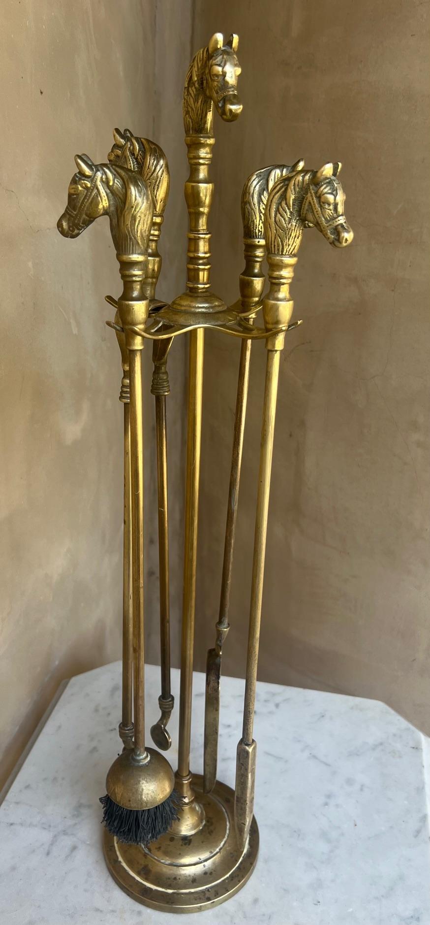 French Brass Horse Head Fireplace Tool Set, C. 1950's For Sale 3