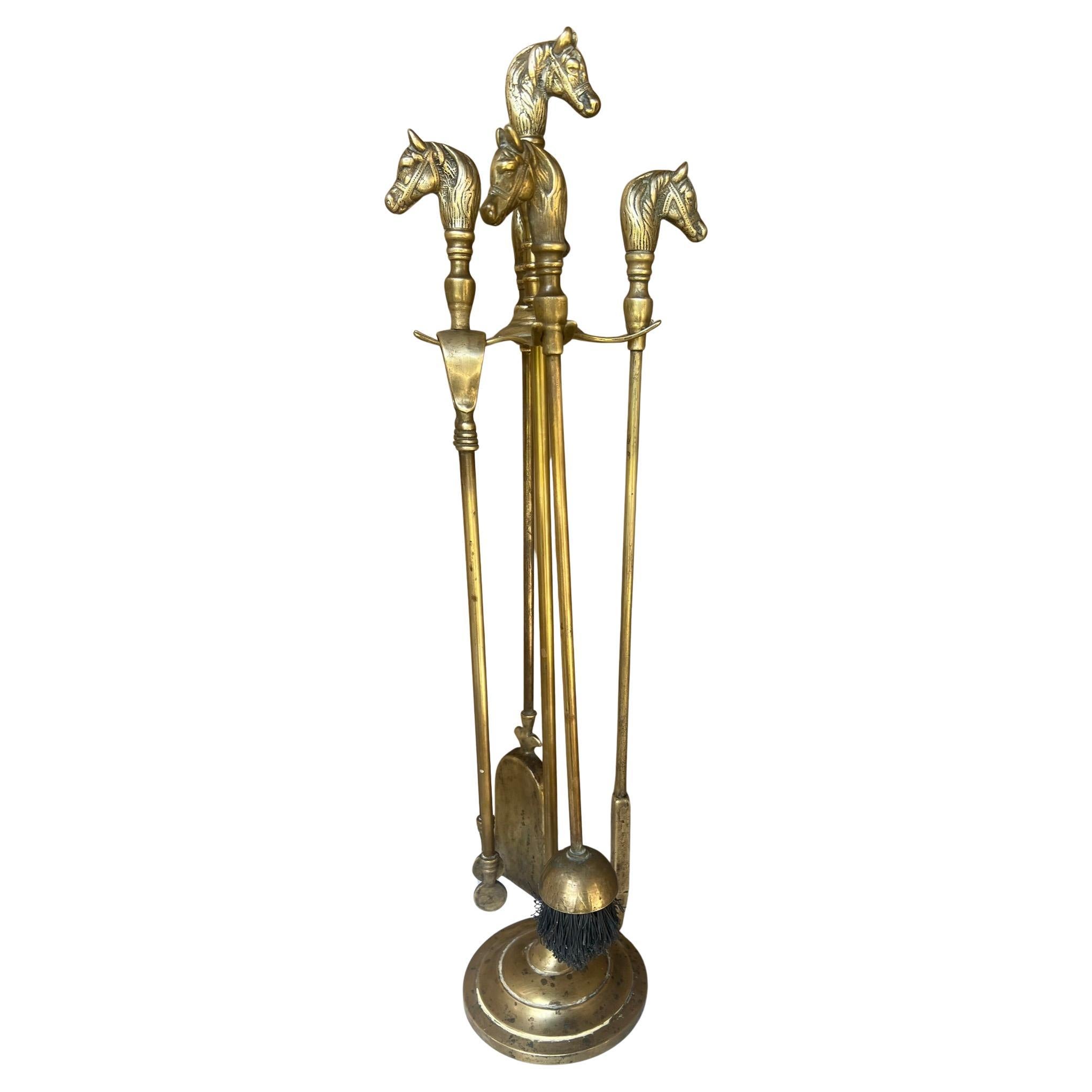French Brass Horse Head Fireplace Tool Set, C. 1950's For Sale