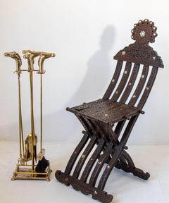 French Brass Horse Head Fireplace Tool Set Equestrian Hollywood Regency Style