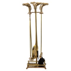 Set di utensili per caminetto in ottone francese con testa di cavallo Stile equestre Hollywood Regency