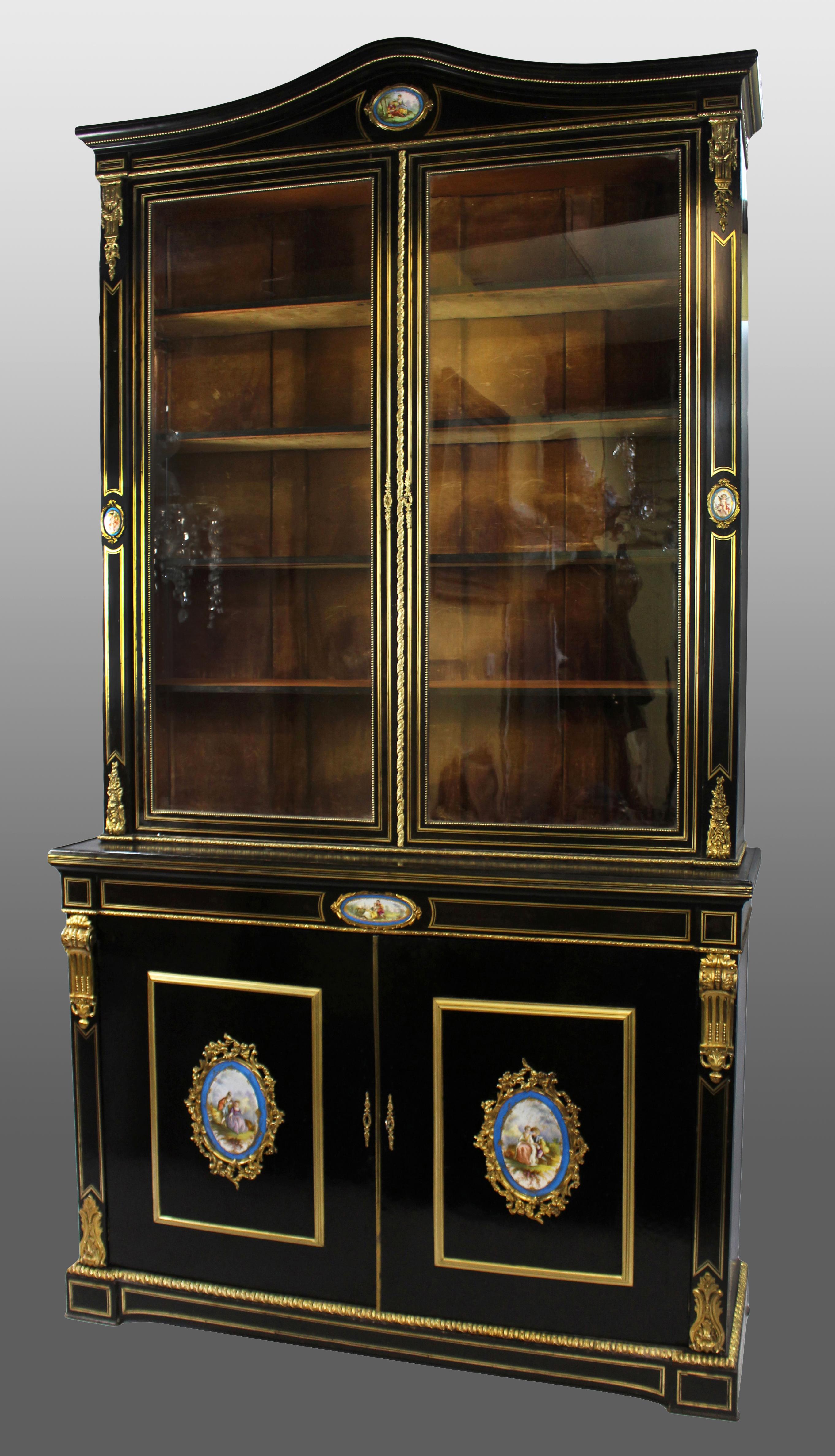 French brass inlaid ebonized bookcase with Sevres plaques c.1820


Measures: Width 138 cm 54 1/2 in
Depth 45 cm 17 3/4 in
Height 260 cm 8 ft 6 /2 in
 

Period c.1820, French

Wood Black lacquer, brass inlaid, porcelain plaques

Condition
