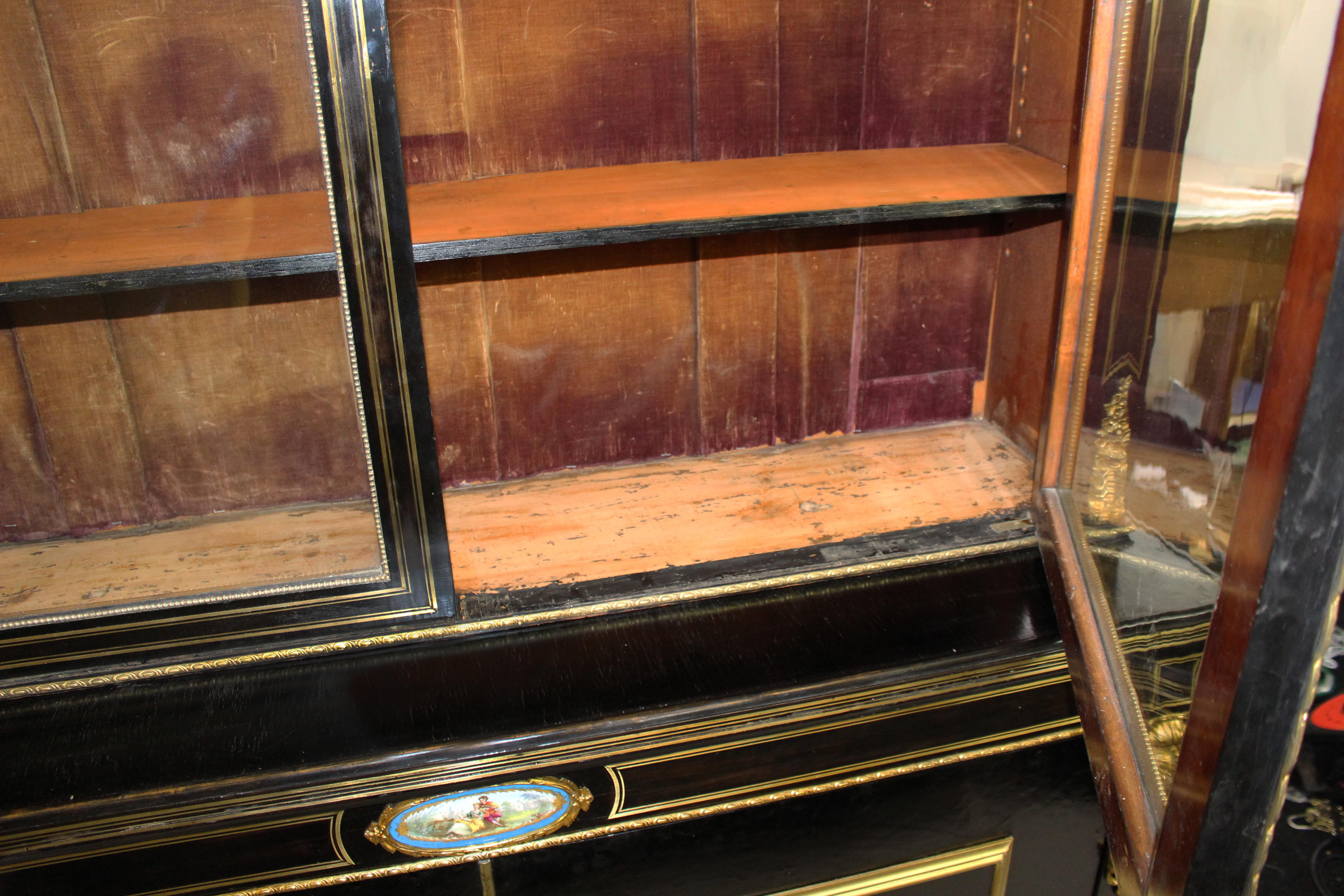Porcelain French Brass Inlaid Ebonized Bookcase with Sevres Plaques c.1820 For Sale