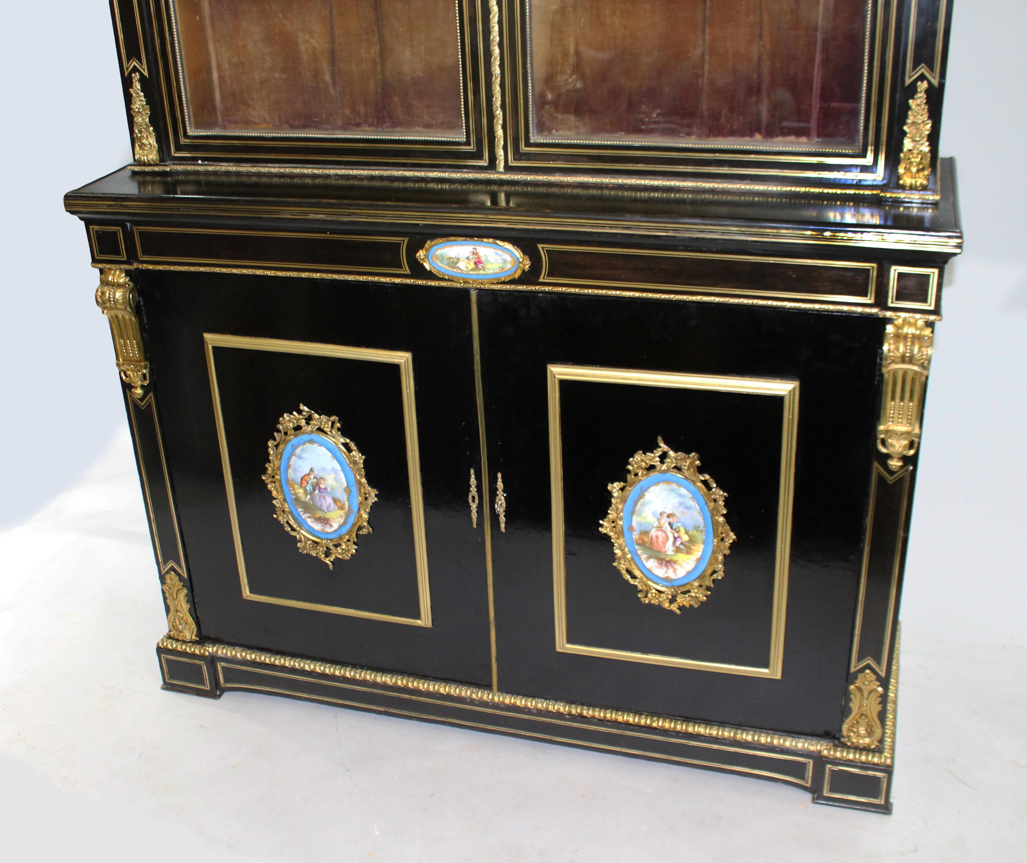 French Brass Inlaid Ebonized Bookcase with Sevres Plaques c.1820 For Sale 1
