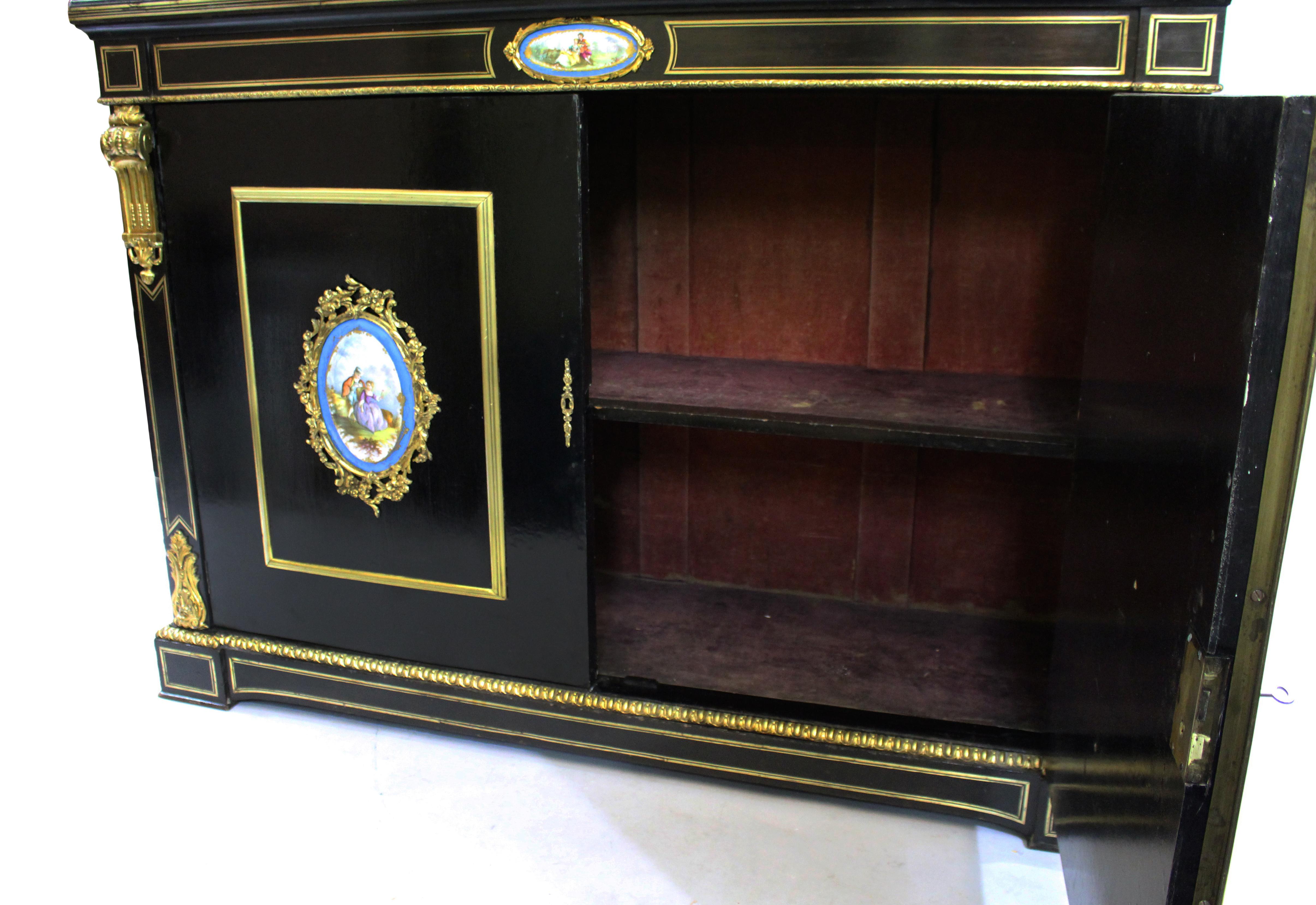 French Brass Inlaid Ebonized Bookcase with Sevres Plaques c.1820 For Sale 3