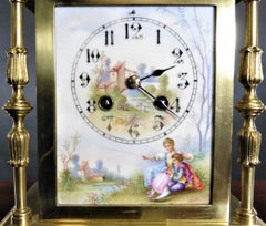 French Brass Mantel Clock With Painted Enamel Dial