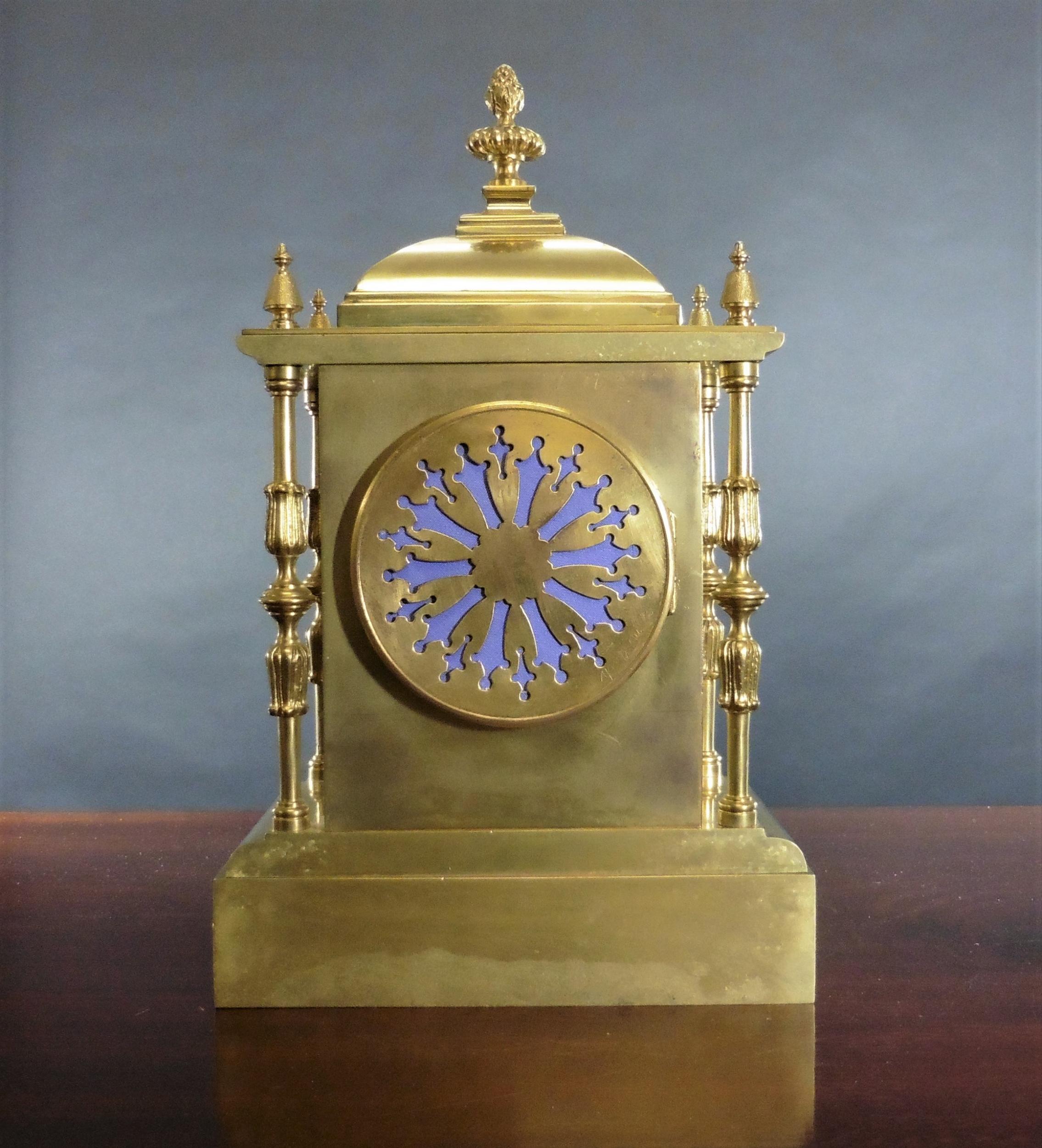 French Brass Mantel Clock With Painted Enamel Dial In Good Condition For Sale In Norwich, GB