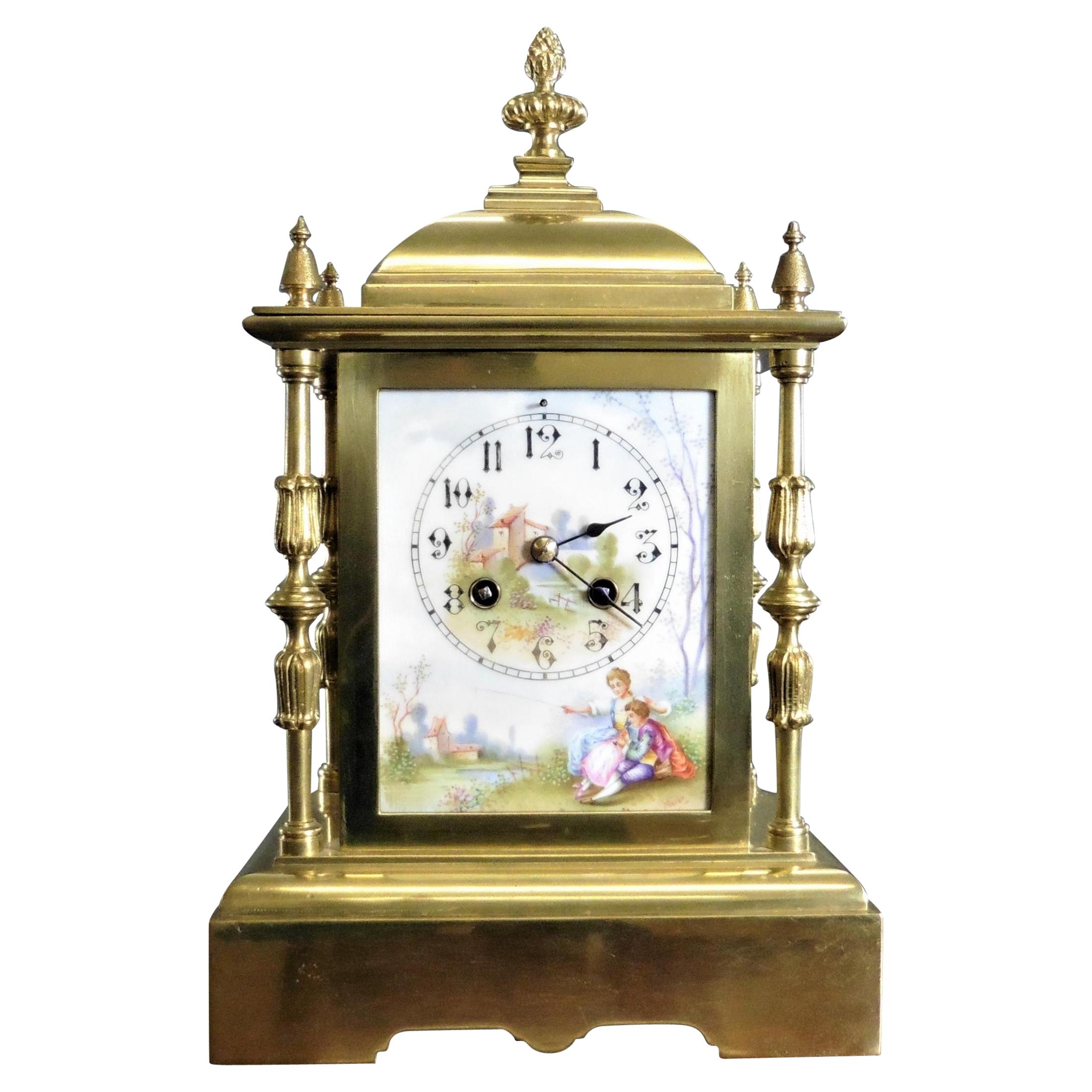 French Brass Mantel Clock With Painted Enamel Dial For Sale