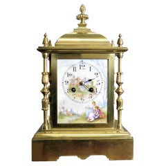 Antique French Brass Mantel Clock With Painted Enamel Dial