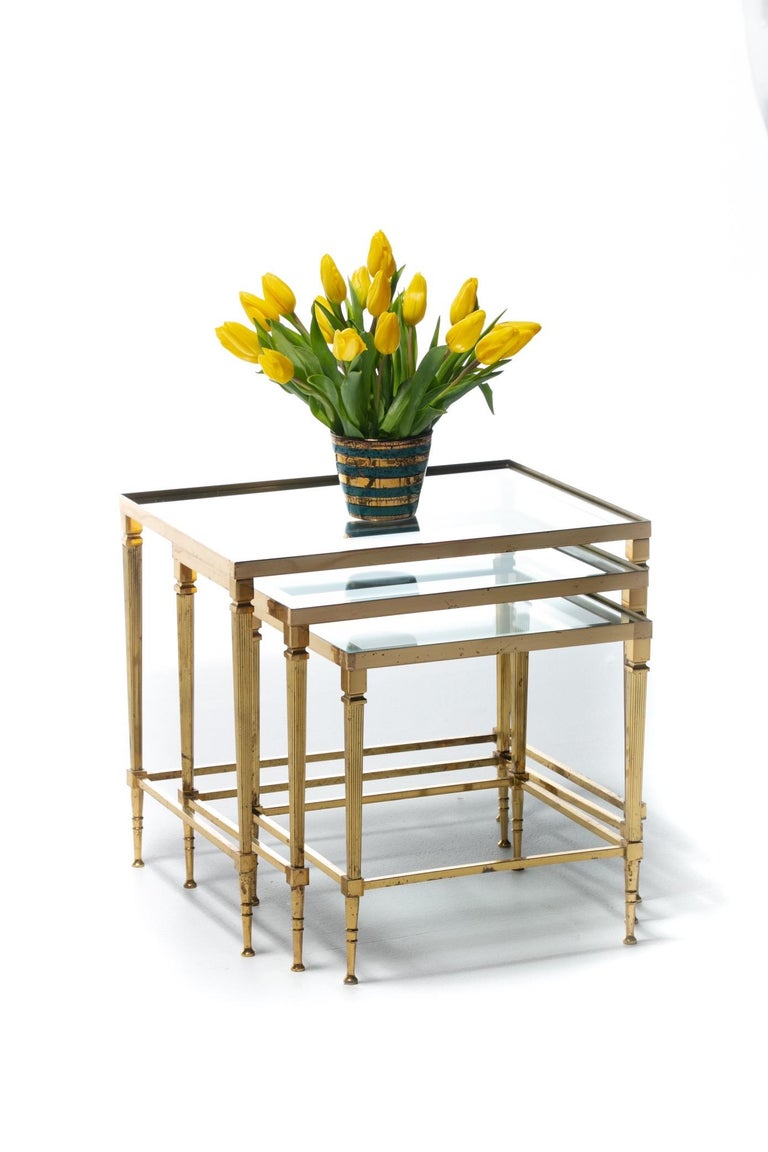 French Brass & Mirrored Glass Nesting Tables Attributed to Maison Baguès, c 1960 For Sale 5