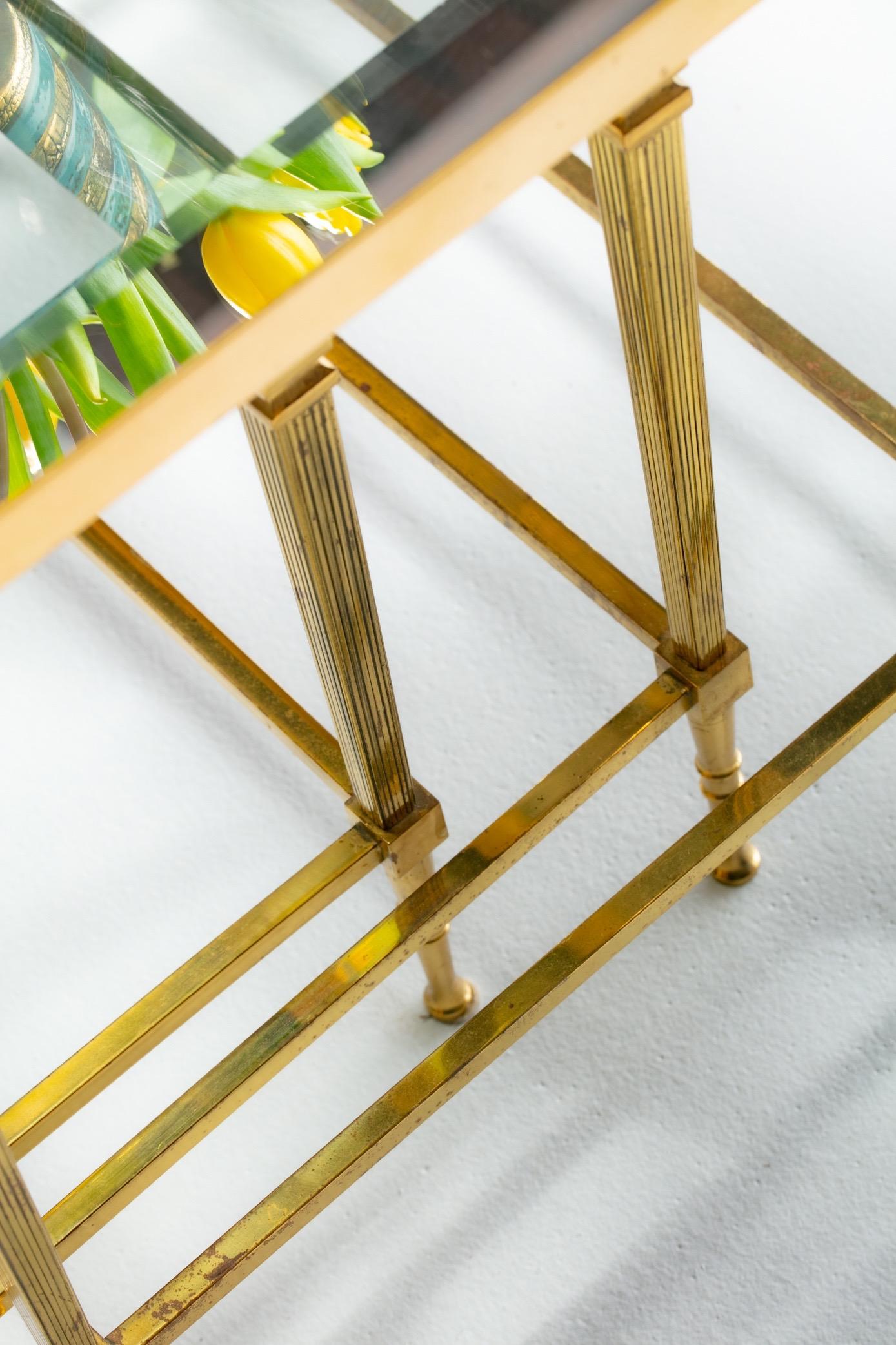 Mid-20th Century French Brass & Mirrored Glass Nesting Tables Attributed to Maison Baguès, c 1960